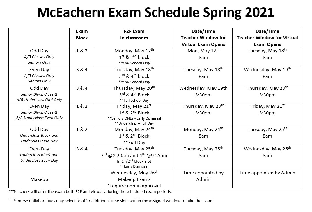 McEachern Exam Schedule Spring 2021